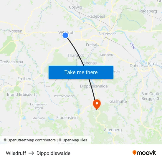 Wilsdruff to Dippoldiswalde map