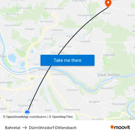 Bahretal to Dürrröhrsdorf-Dittersbach map