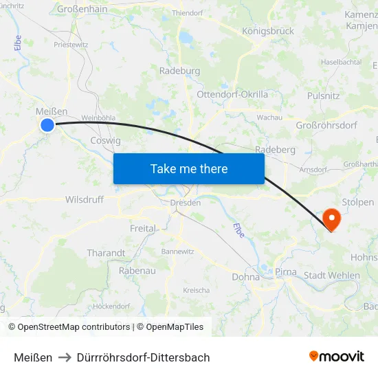 Meißen to Dürrröhrsdorf-Dittersbach map