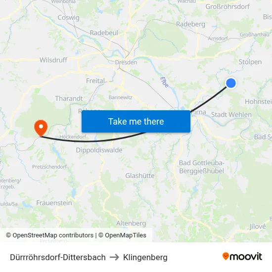 Dürrröhrsdorf-Dittersbach to Klingenberg map
