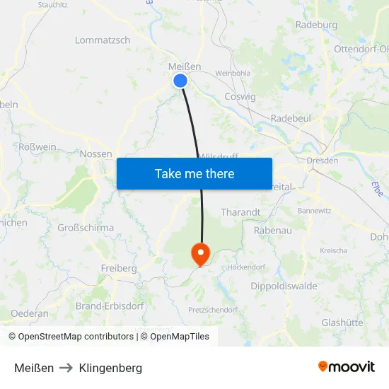 Meißen to Klingenberg map