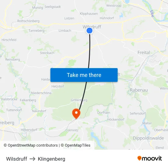 Wilsdruff to Klingenberg map