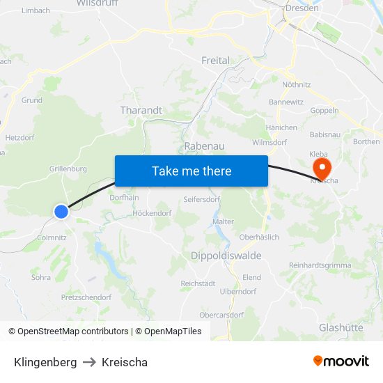 Klingenberg to Kreischa map