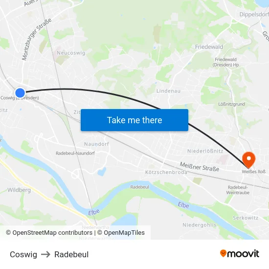 Coswig to Radebeul map