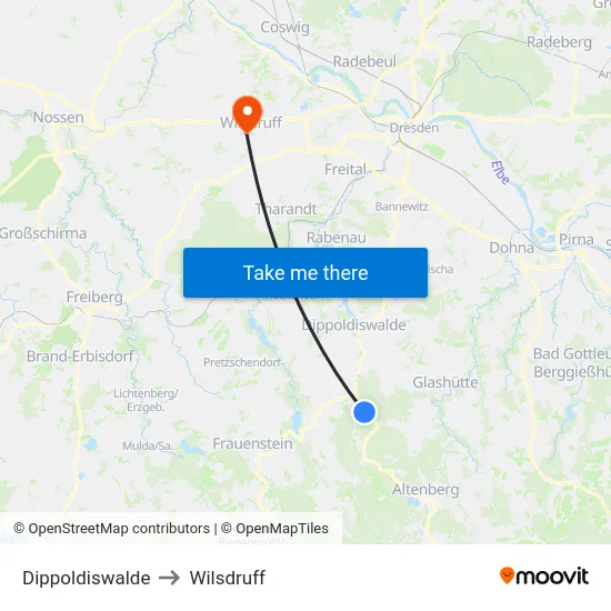 Dippoldiswalde to Wilsdruff map