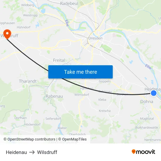 Heidenau to Wilsdruff map
