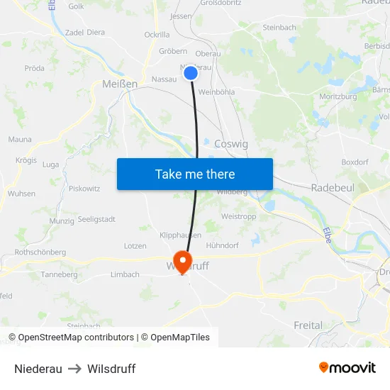 Niederau to Wilsdruff map