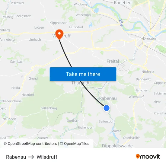 Rabenau to Wilsdruff map