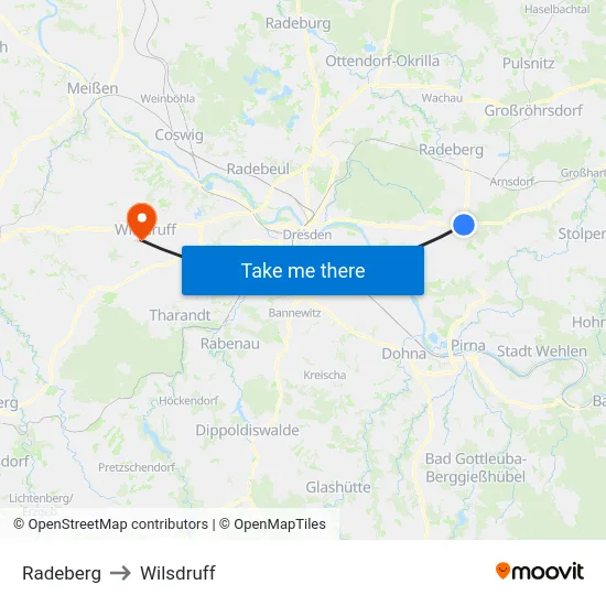 Radeberg to Wilsdruff map