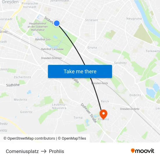 Comeniusplatz to Prohlis map