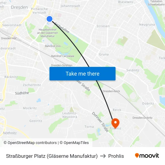 Straßburger Platz (Gläserne Manufaktur) to Prohlis map