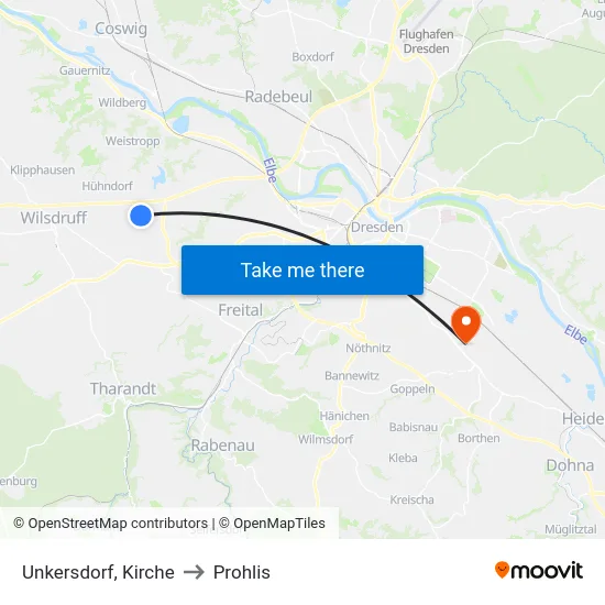 Unkersdorf, Kirche to Prohlis map