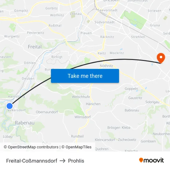 Freital-Coßmannsdorf to Prohlis map