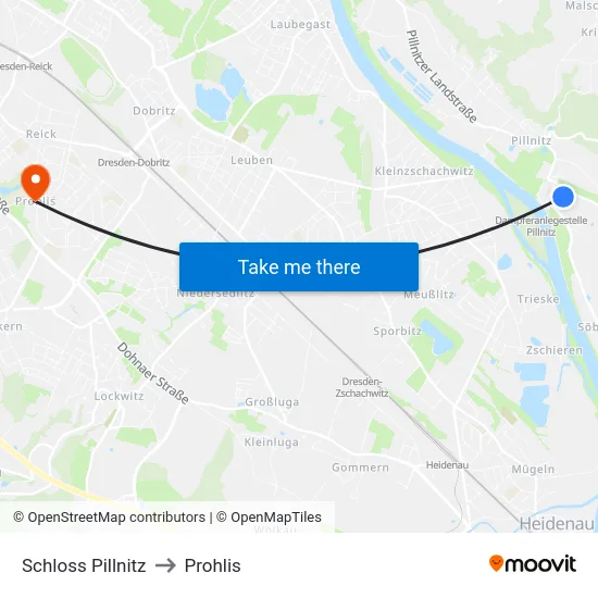 Schloss Pillnitz to Prohlis map