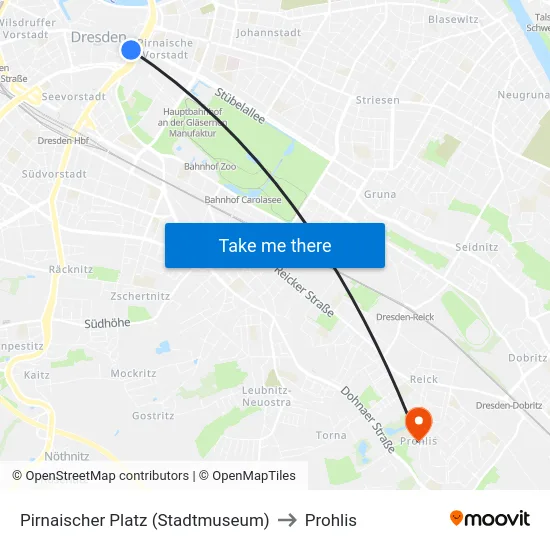 Pirnaischer Platz (Stadtmuseum) to Prohlis map