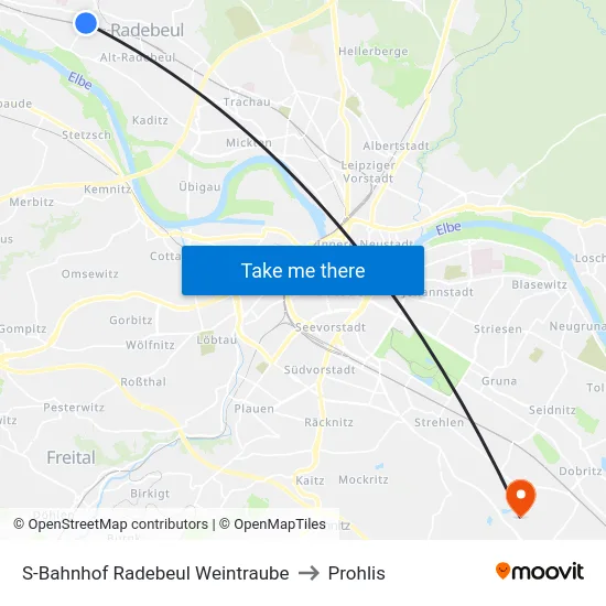 S-Bahnhof Radebeul Weintraube to Prohlis map