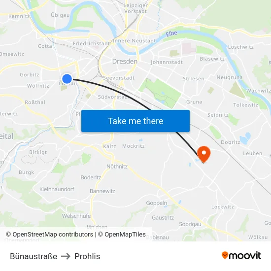 Bünaustraße to Prohlis map