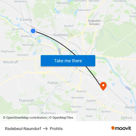 Radebeul-Naundorf to Prohlis map