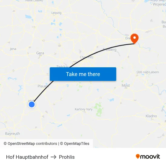 Hof Hauptbahnhof to Prohlis map
