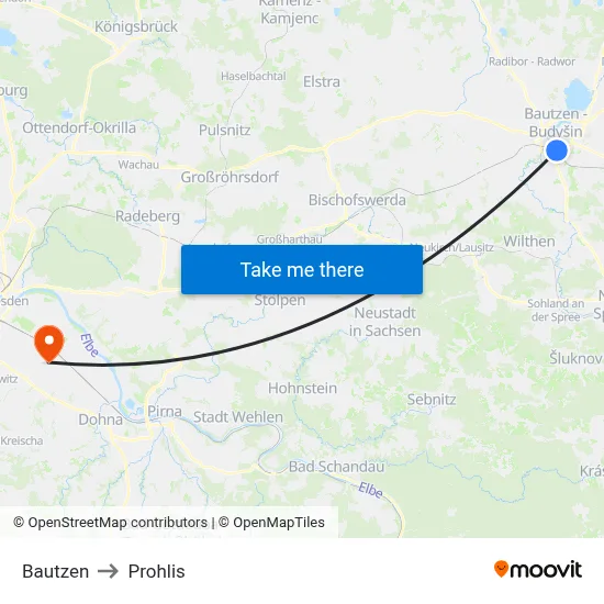 Bautzen to Prohlis map