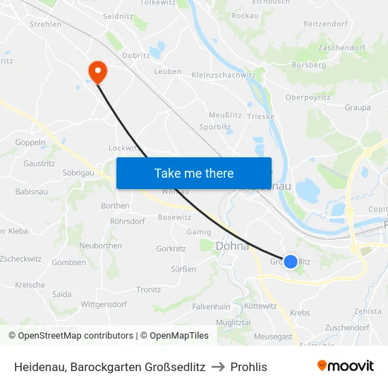 Heidenau, Barockgarten Großsedlitz to Prohlis map