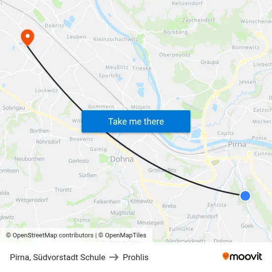 Pirna, Südvorstadt Schule to Prohlis map