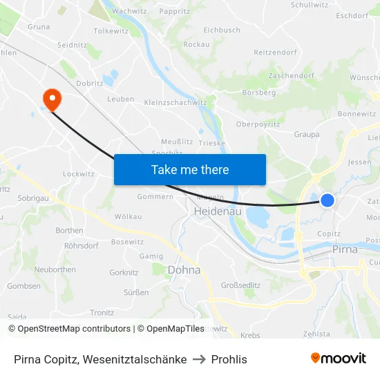 Pirna Copitz, Wesenitztalschänke to Prohlis map