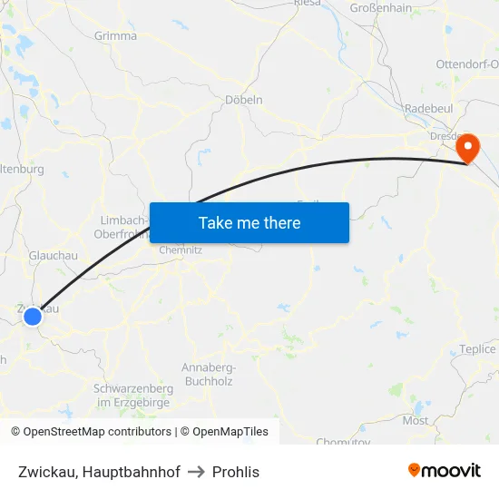 Zwickau, Hauptbahnhof to Prohlis map