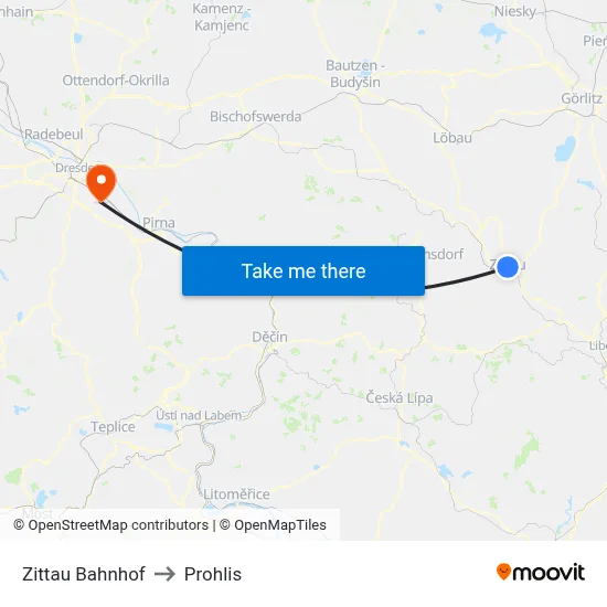 Zittau Bahnhof to Prohlis map