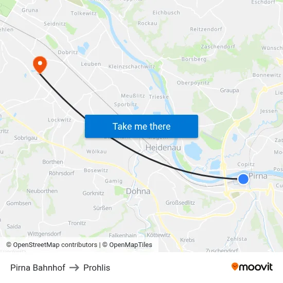 Pirna Bahnhof to Prohlis map