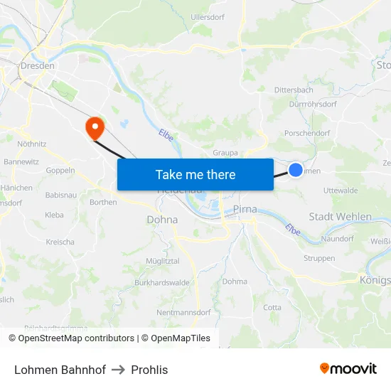 Lohmen Bahnhof to Prohlis map