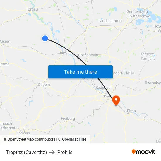 Treptitz (Cavertitz) to Prohlis map