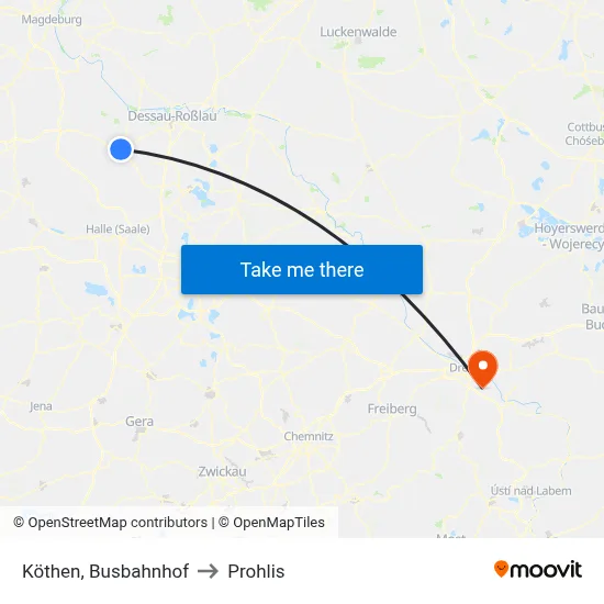 Köthen, Busbahnhof to Prohlis map