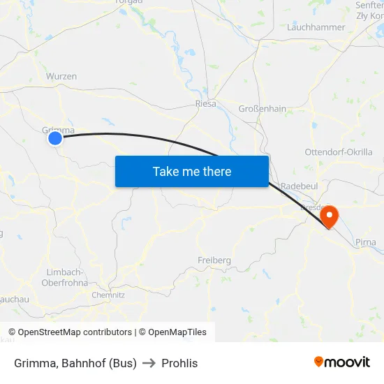 Grimma, Bahnhof (Bus) to Prohlis map