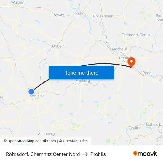Röhrsdorf, Chemnitz Center Nord to Prohlis map