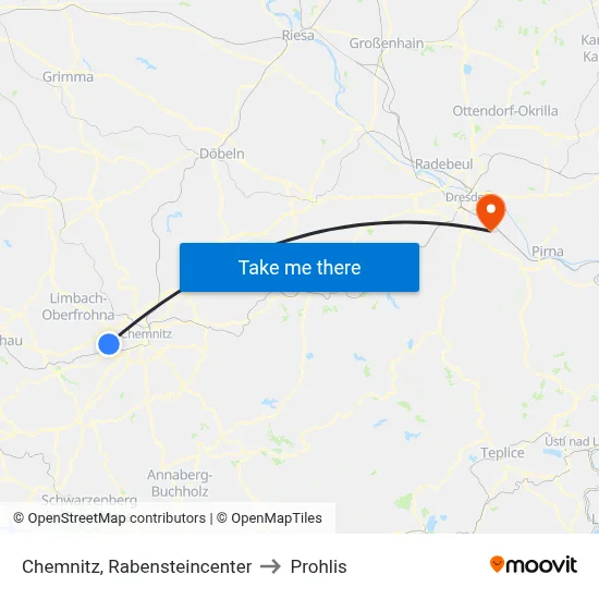Chemnitz, Rabensteincenter to Prohlis map