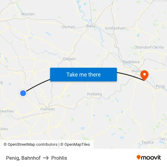 Penig, Bahnhof to Prohlis map