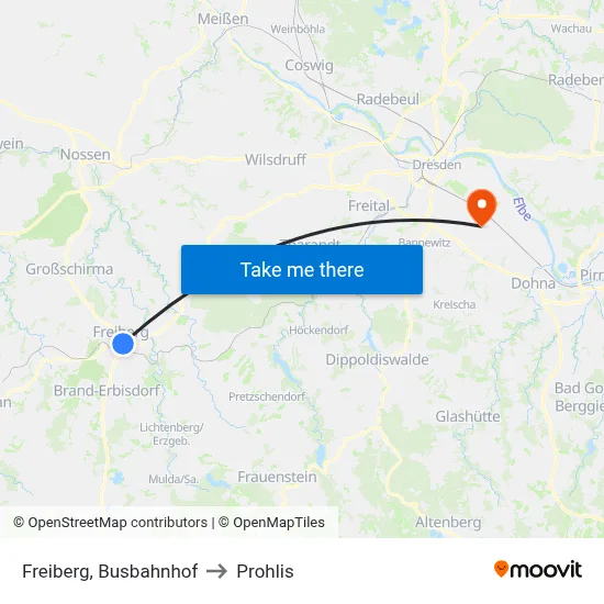 Freiberg, Busbahnhof to Prohlis map