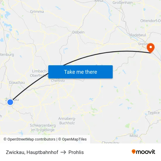 Zwickau, Hauptbahnhof to Prohlis map