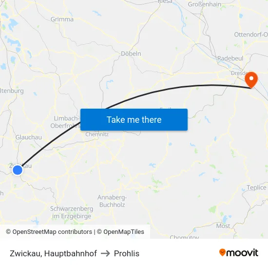 Zwickau, Hauptbahnhof to Prohlis map
