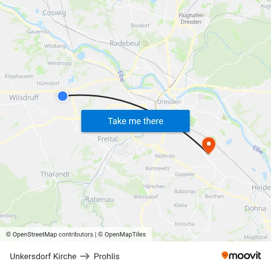 Unkersdorf Kirche to Prohlis map