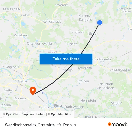 Wendischbaselitz Ortsmitte to Prohlis map