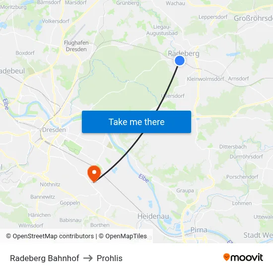 Radeberg Bahnhof to Prohlis map