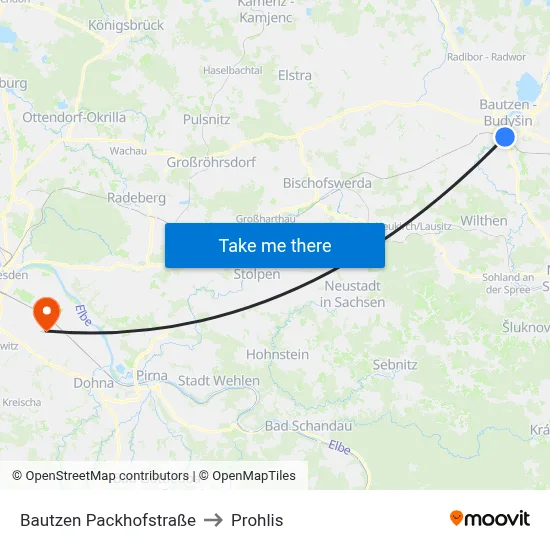 Bautzen Packhofstraße to Prohlis map