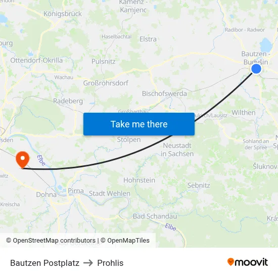 Bautzen Postplatz to Prohlis map
