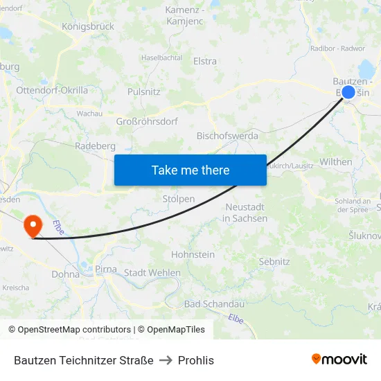 Bautzen Teichnitzer Straße to Prohlis map