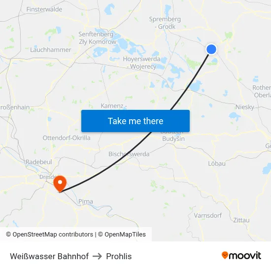 Weißwasser Bahnhof to Prohlis map