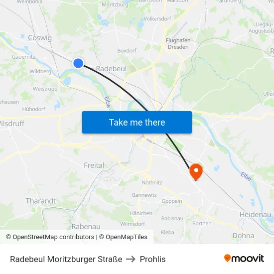 Radebeul Moritzburger Straße to Prohlis map