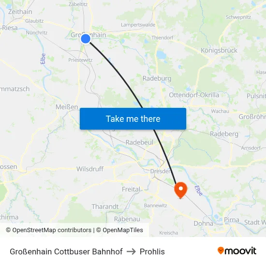 Großenhain Cottbuser Bahnhof to Prohlis map