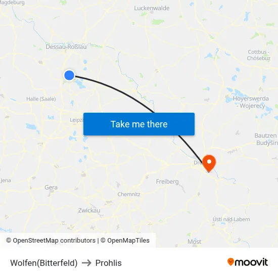 Wolfen(Bitterfeld) to Prohlis map